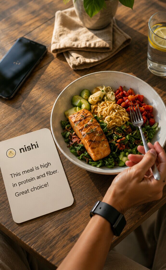 A balanced meal with a Nishi insight card