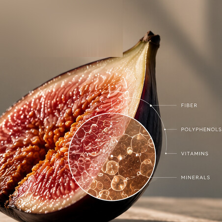 A fig cross-section with a magnified cellular view and nutrient callouts
