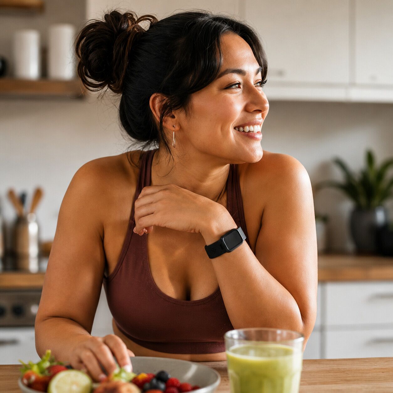Woman with a smoothie bowl, a smartwatch on her wrist